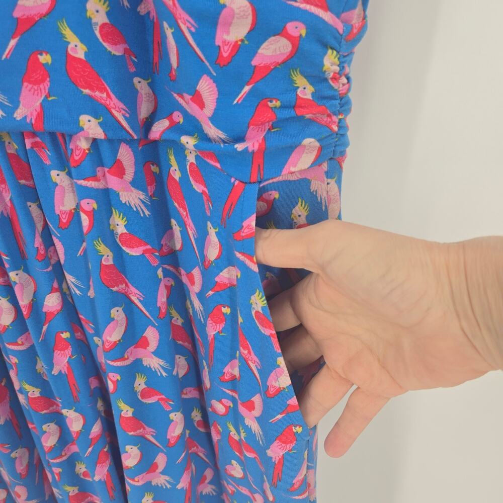 Boden blue parrot midi dress size 12R pink red pockets - Picture 5 of 13